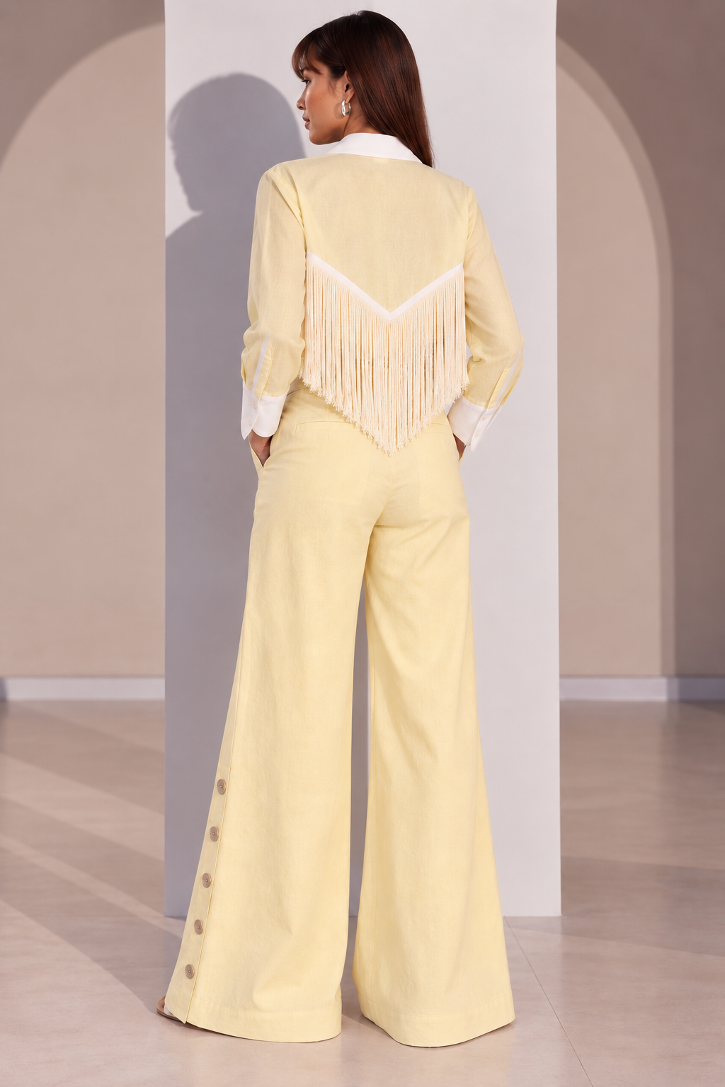 Set of 2: Butter Yellow Celine Long Tassel Shirt & Marigold Pants