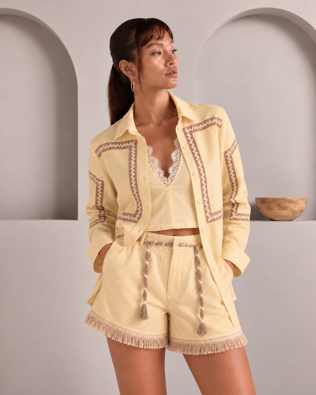 Set of 3 -  Butter Yellow Como Jute Shirt, Mia Top & Palma Fringe Shorts