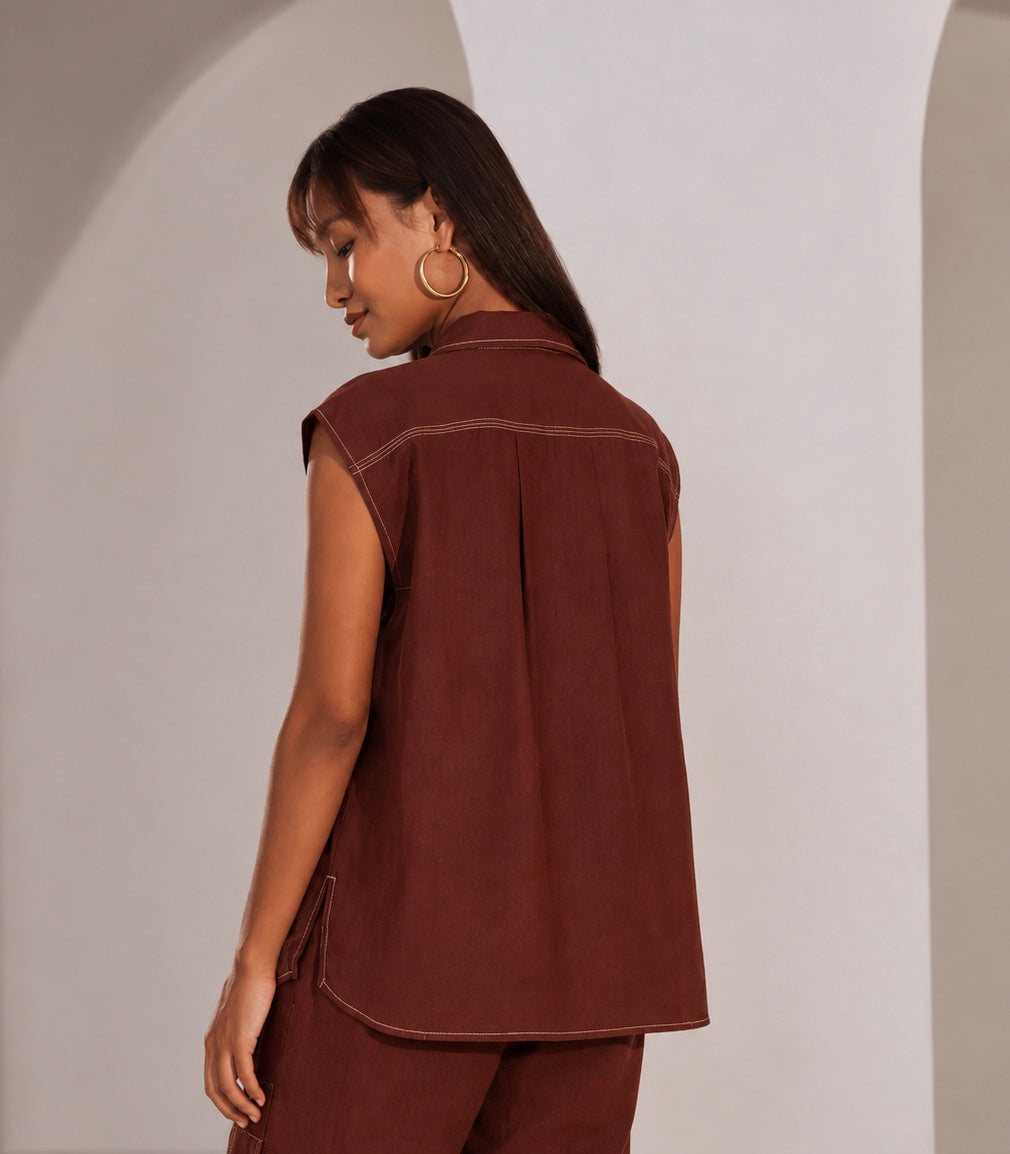 Brown Sleeveless Hue Jacket Top