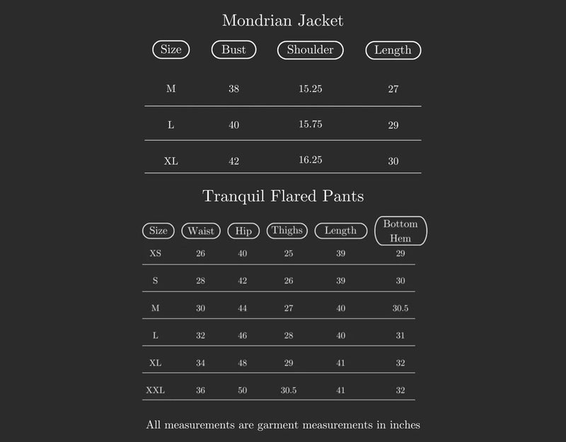 Size Guide for Set of 2: Mondrian Jacket & Tranquil Flared Pants - Pastel Colors & White