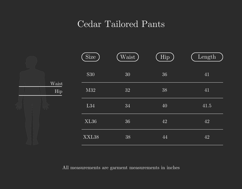 Size Guide for Cedar Tailored Pants