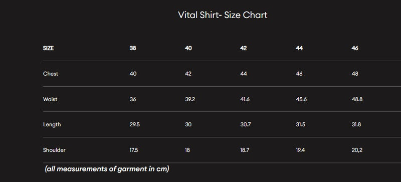Size Guide for Vital Shirt