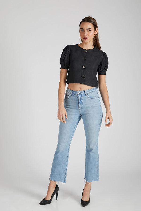 Flame Puff Sleeve Top  - Black
