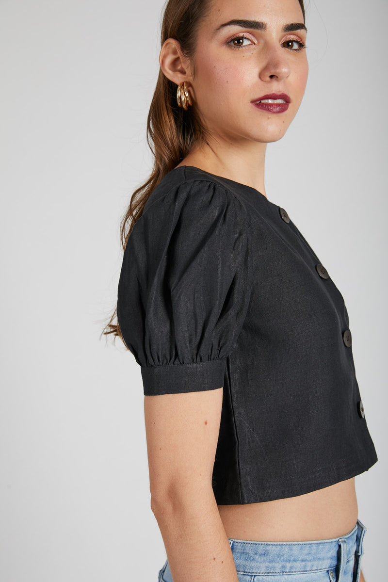 Flame Puff Sleeve Top  - Black